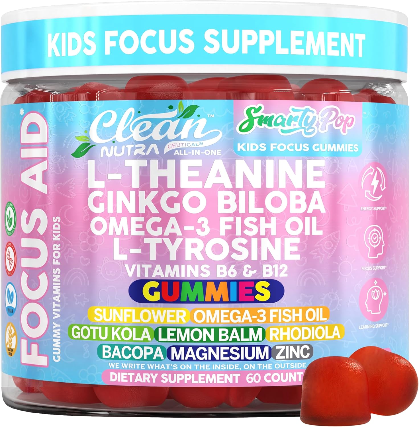 Clean Nutra Kids Focus Gummies with L-Theanine, Ginkgo Biloba, Omega-3 Fish Oil, L-Tyrosine, Vitamin B6, Vitamin B12 – 60 Count – Clean Label, Non-GMO, Vegan-Friendly, SmartyPop Formula