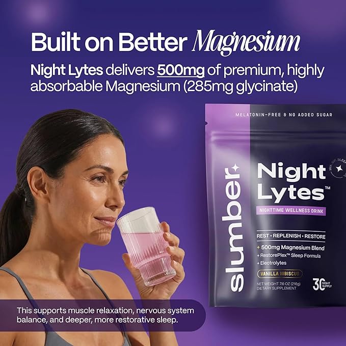 Slumber Night Lytes Magnesium Sleep Powder Drink Mix, Vanilla Hibiscus Flavor, Magnesium Glycinate, L-Theanine, Vitamin D3, Zinc, Sugar Free, Vegan, 30 Servings