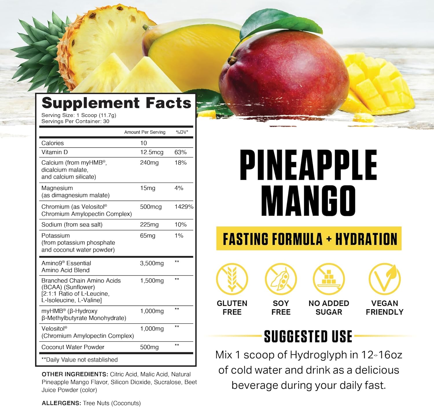 Ambrosia Hydroglyph Intraworkout Electrolytes Hydration Drink Mix | Sugar Free Electrolyte Powder with Amino Acids | Supports Lean Muscle During Fasting | 30 Servings | Pineapple Mango