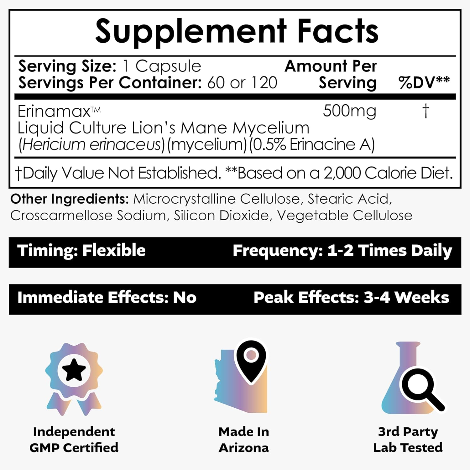Nootropics Depot Erinamax Lion's Mane 500mg Capsules | Liquid Culture Mycelium | 2.5mg Erinacine A | Mood, Cognition, & Nerve Support | 120 Count