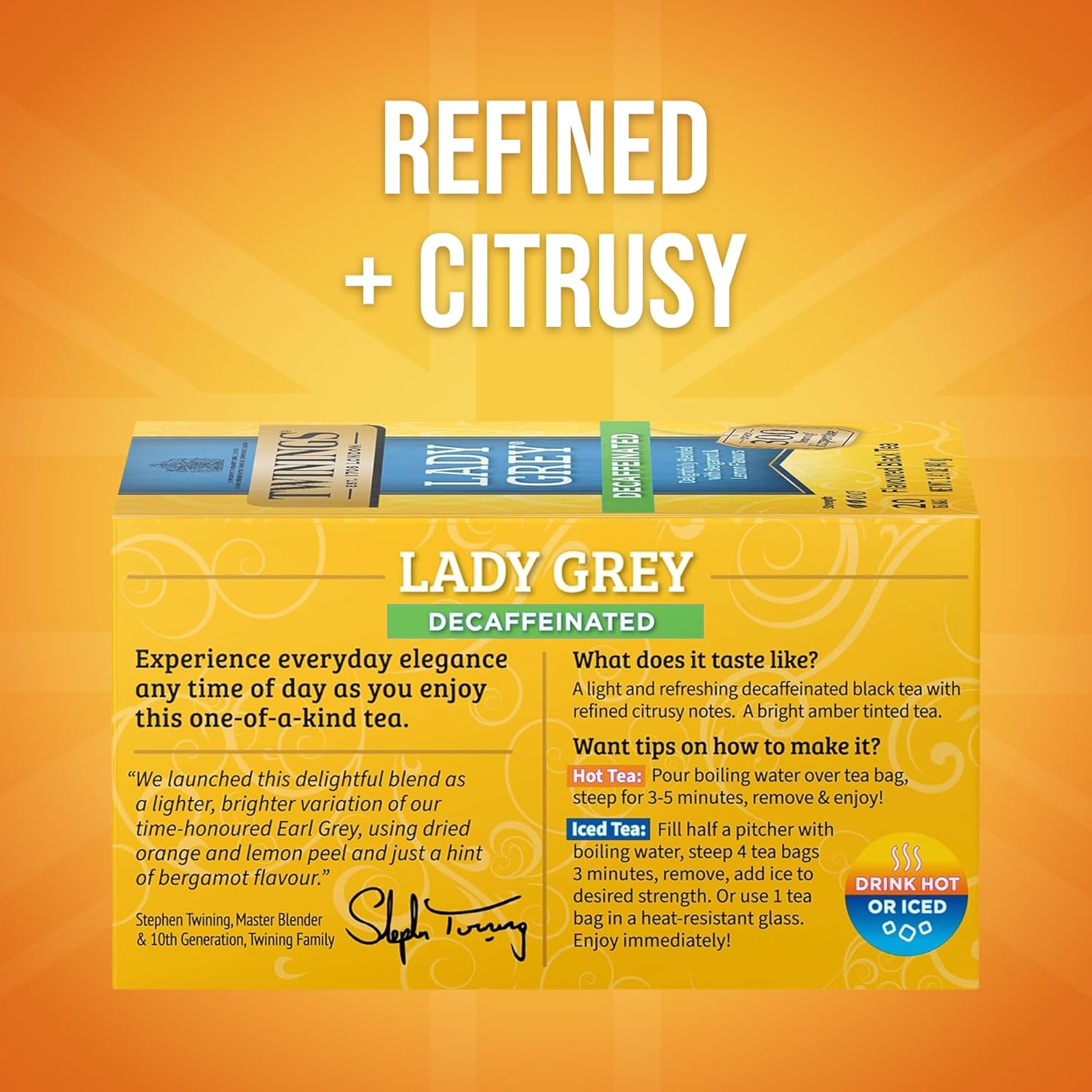 Twinings Decaffeinated Lady Grey Black Tea Individually Wrapped Bags, 20 Count (Pack of 1), Orange Peel & Lemon Peel, Enjoy Hot or Iced, 20 Teabags