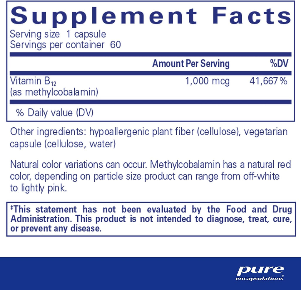 Pure Encapsulations Methylcobalamin 1,000 mcg - Vitamin B12 Supplement to Support Memory & Nerve Health - Premium Vitamin B12 Capsules - 60 Capsules