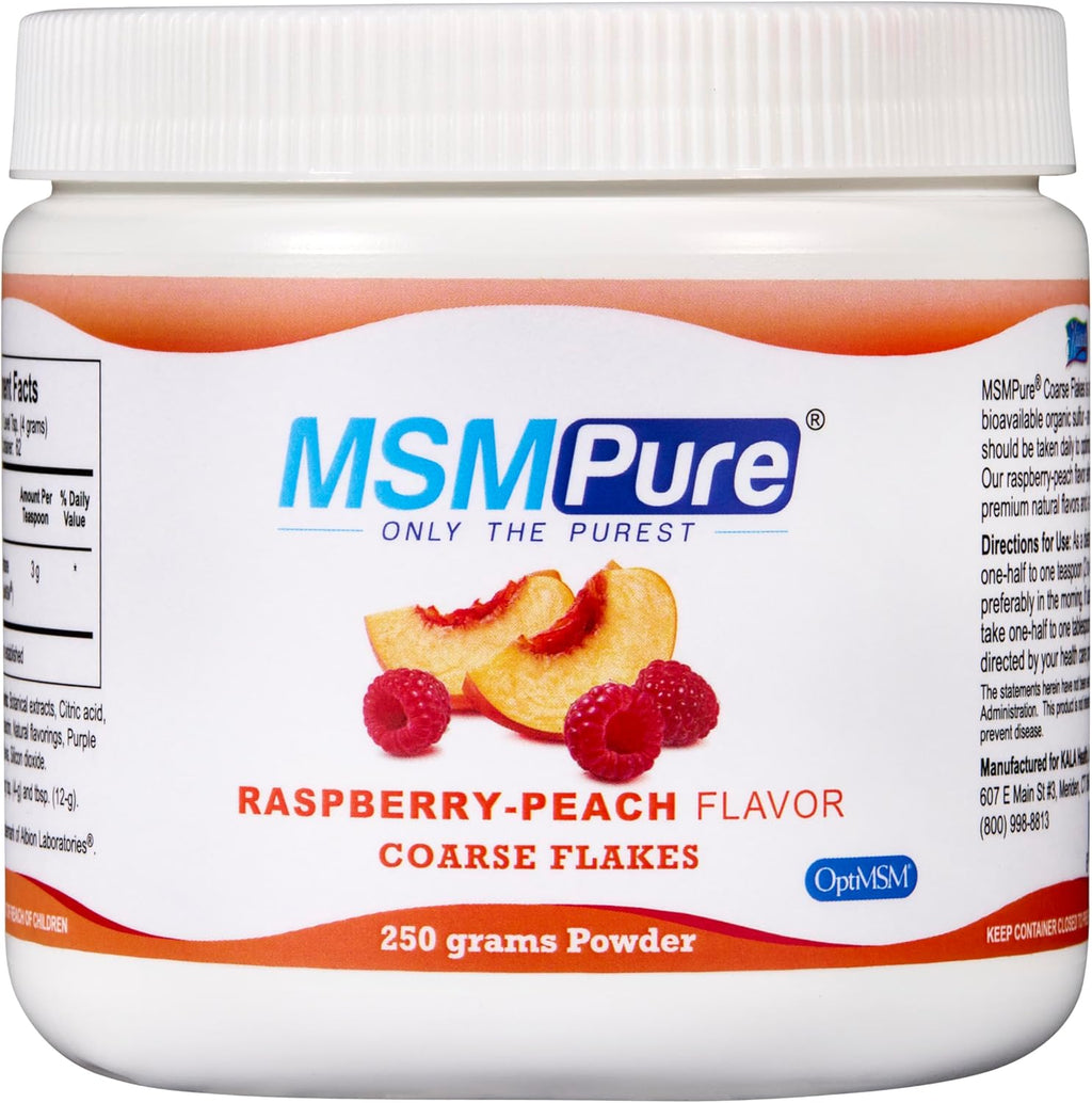 KALA HEALTH MSMPure Raspberry Peach Flavored Coarse MSM Powder Flakes – US-Made MSM for Joint Health, Skin Appearance, and Hair & Nail Support – 8.8 oz, Organic Sulfur