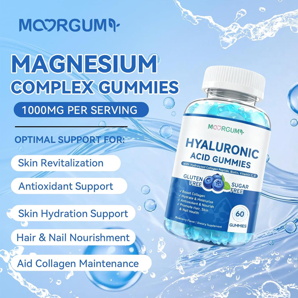 Hyaluronic Acid Supplements 1000 mg, with Hydrolyzed Collagen Peptide, Biotin, Vitamin C & E, Supports Skin, Hair & Nails Health, Bioavailable Formula Gummies, Blueberry Flavor, 60 Count