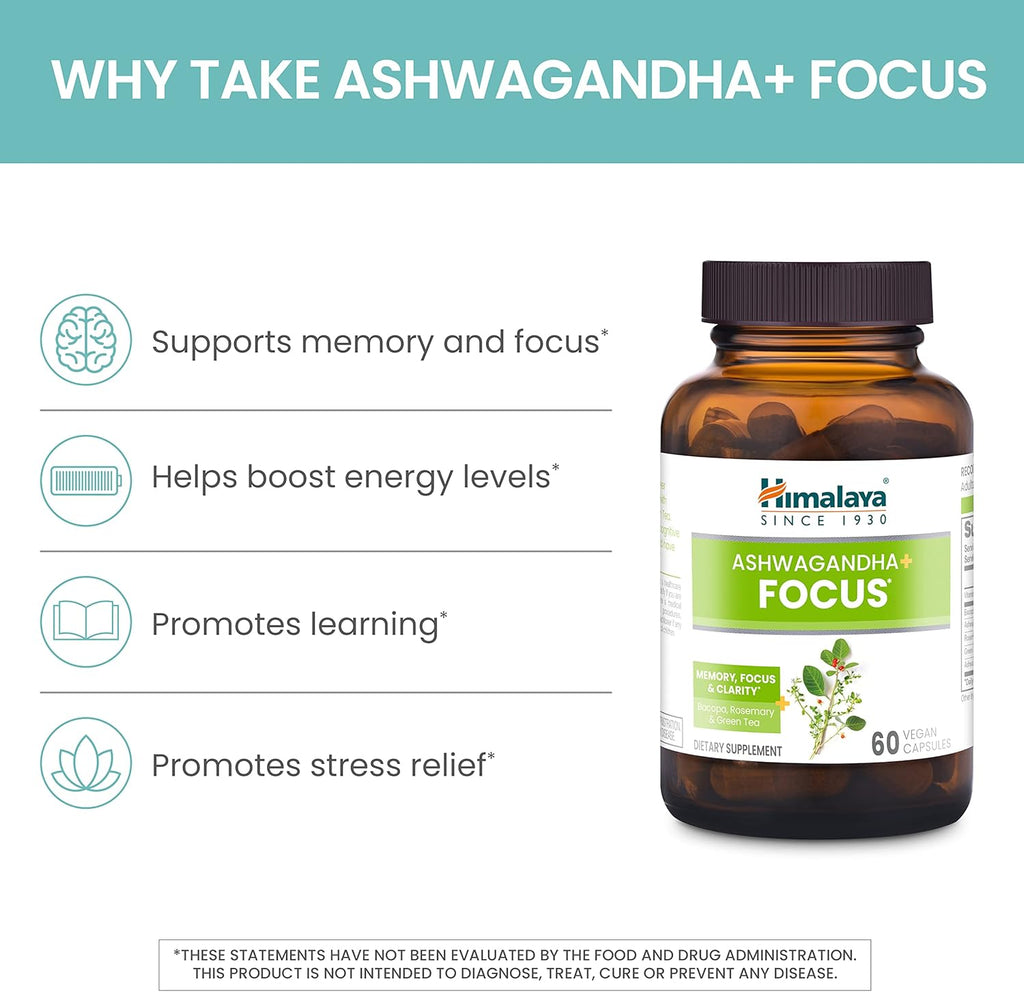 Himalaya Ashwagandha+ Focus with Ashwagandha, Bacopa, Rosemary & Green Tea for Memory, Focus and Clarity, 60 Capsules, 1 Month Supply, Vegan, Gluten Free