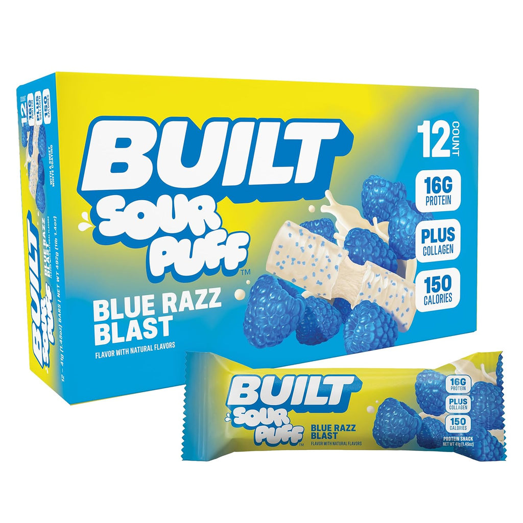 Built Bar, Sour Puff Protein Bars, Blue Razz Blast, Collagen, On-the-go Snacks, Sour Candy Snack, 12 Pack