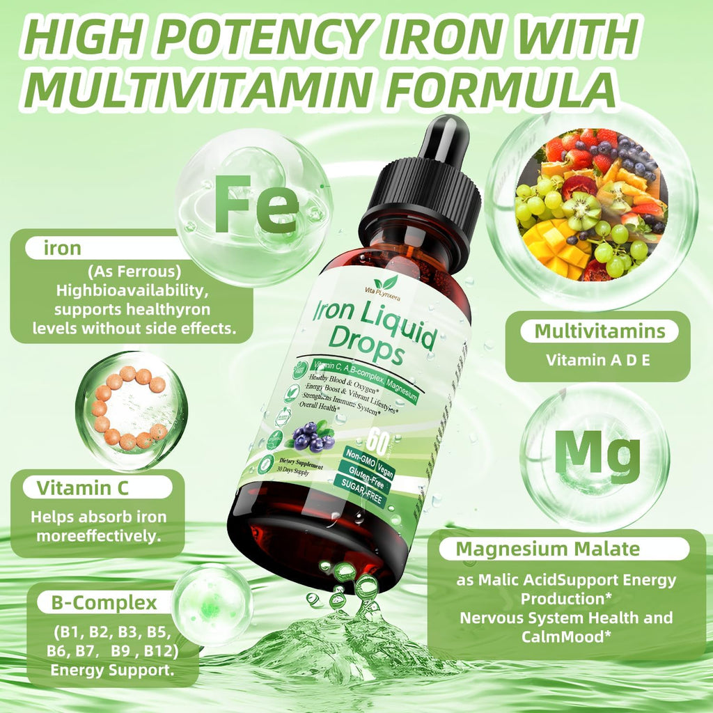 Liquid Iron Supplement for Women Men & Kids, Vegan Iron Drops with Vitamin C D, B12, B-Complex, High Potency Liquid with Multivitamin for Anemia, Energy Support, Blood, Magnesium Gentle
