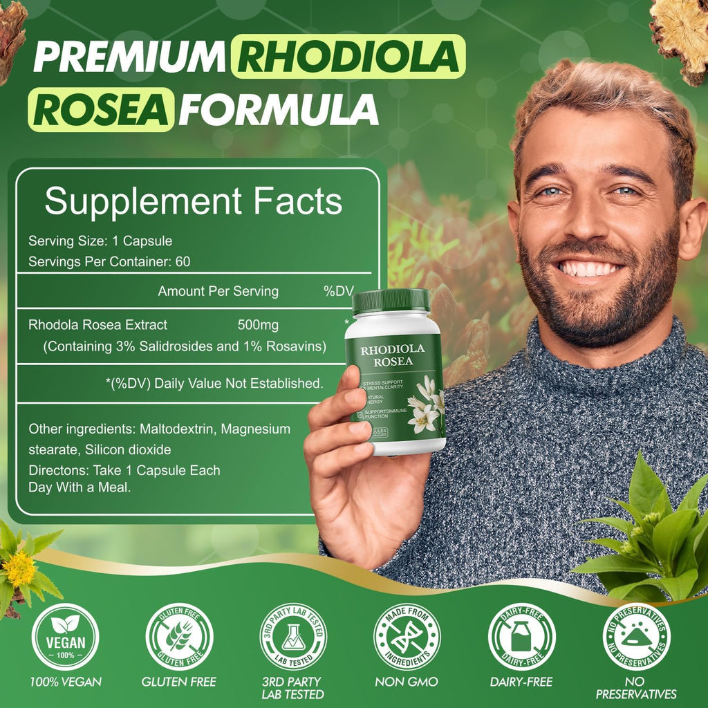 Rhodiola Rosea Supplement – 500mg Rhodiola Rosea Extract, Stress, Energy & Mood Support, Gluten-Free, Non-GMO, Vegetarian – 60 Capsules