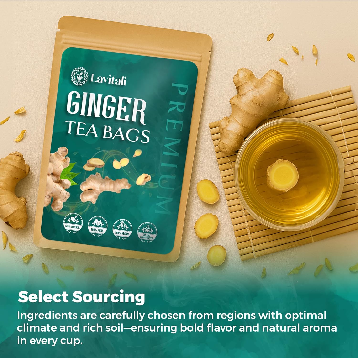 Lavitali, Ginger Tea Bags | 60 bags, 100% Pure Herbal Tea | Caffeine-Free, No Sugar, Eco-Friendly Filter Bags | Daily Natural Botanical, Hot or Iced Herbal Infusion