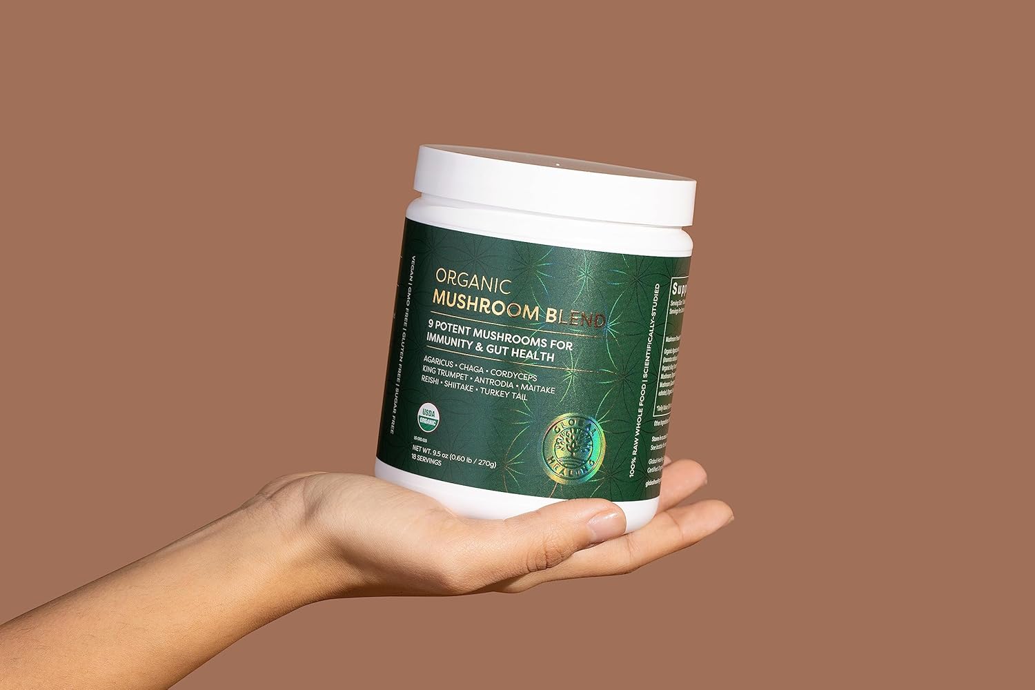 Global Healing Organic Mushroom Powder Supplement Blend 9.5 Ounces - Cordyceps, Chaga, Reishi, Turkey Tail Mushroom for Immune and Gut Health - Nootropic Focus Supplement Superfood