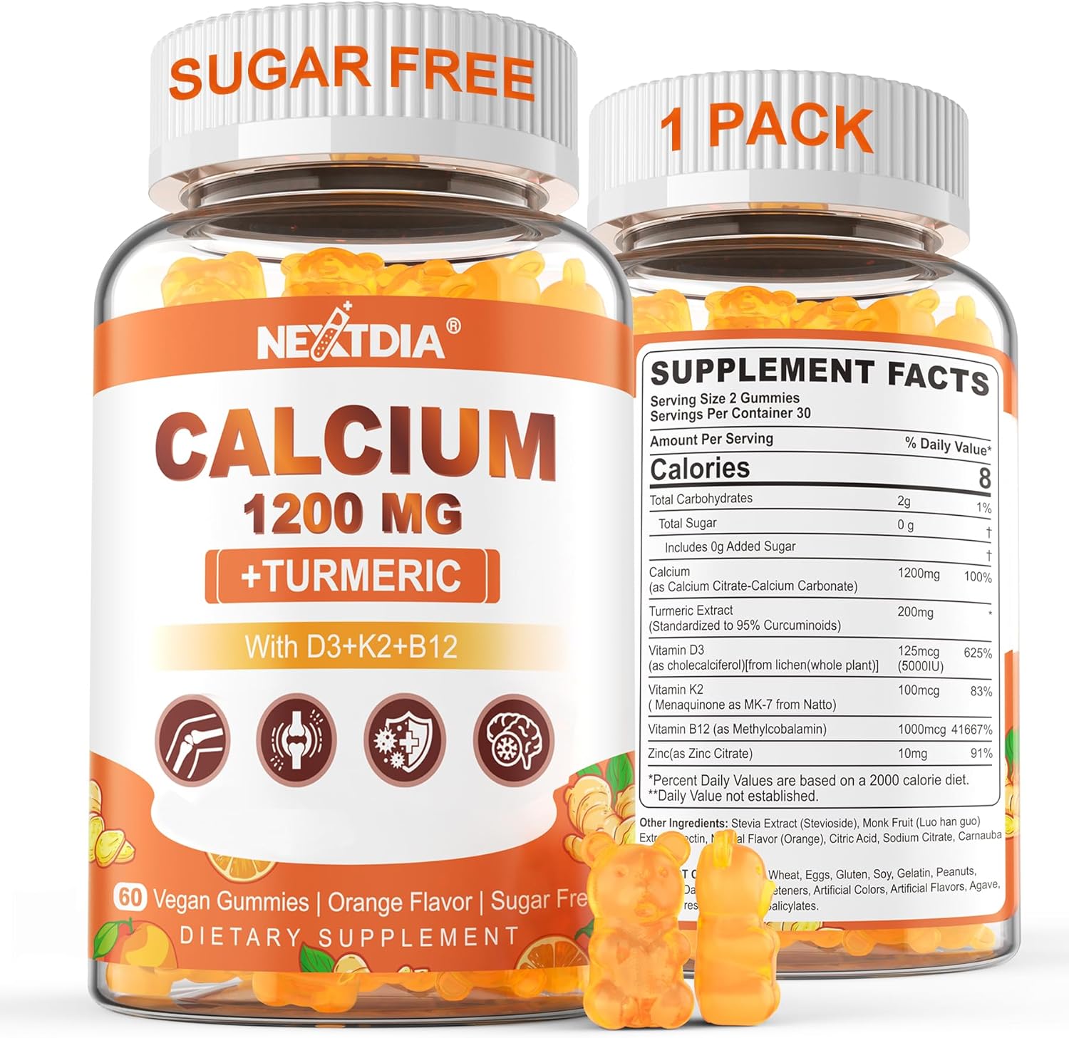Calcium 1200 mg with Vitamin D3 Gummies - Calcium + Turmeric Supplement for Women and Men with Vitamin K2 B12 - Support Bone & Muscle - Sugar Free - Vegan (60 Count)