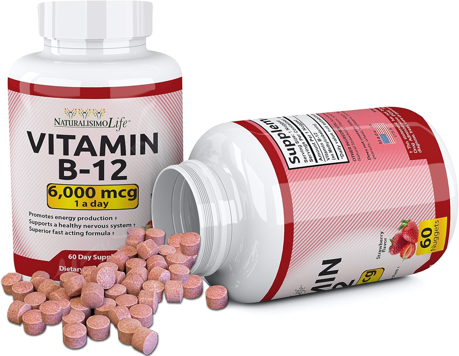 Vitamin B12 6,000 mcg Maximum Strength Fast Acting Formula Strawberry Flavor Nuggets Promotes Energy Production Supports The Nervous System 60 Nuggets Once a Day