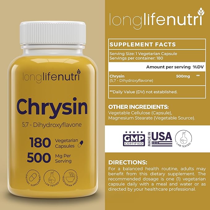 LongLifeNutri Chrysin 500mg – 180 Vegetarian Capsules, from Passion Flower, 5, 7-Dihydroxyflavone, Natural Antioxidant for Overall Wellness, 6-Month Supply, GMP Certified, Made in USA