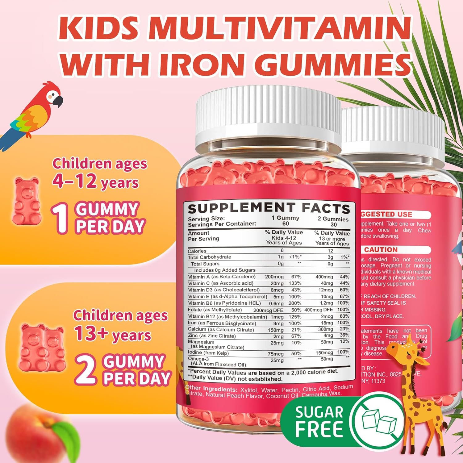 Iron Supplement Gummies for Kids with Multivitamin, Calcium, Zinc, Folate - Kids Iron Gummies Support Immune, Blood Builder, Iron Deficiency, Anemia & Energy - Vegan, Peach 60 Count