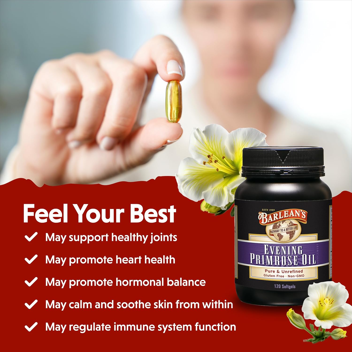 Barlean's Evening Primrose Oil Capsules, GLA Supplement for Men and Women, Healthy Skin, Immune Support and Bone Strength 1300mg Softgels, 120 Count