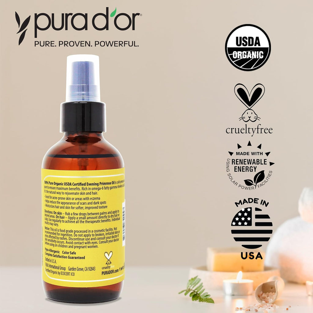 PURA D'OR Organic Evening Primrose Oil (4oz) 100% Pure Cold Pressed w/Natural Essential Fatty Acids & Antioxidant Rich - Moisturizes, Rejuvenates, Renews & Restores - Skin, Hair & Face
