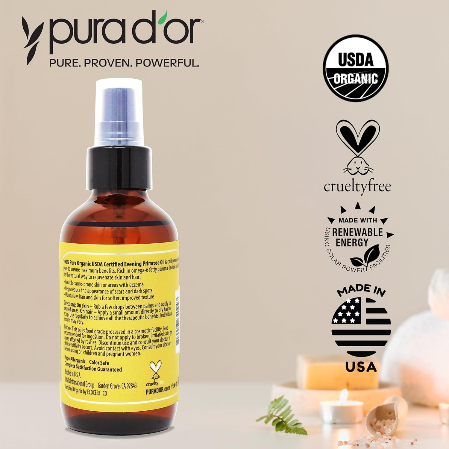 PURA D'OR Organic Evening Primrose Oil (4oz) 100% Pure Cold Pressed w/Natural Essential Fatty Acids & Antioxidant Rich - Moisturizes, Rejuvenates, Renews & Restores - Skin, Hair & Face