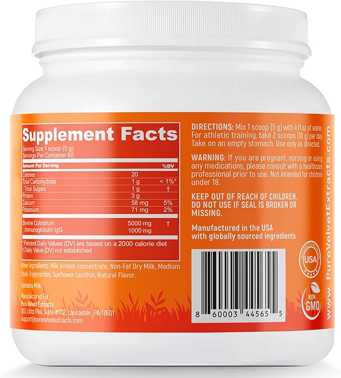 Pure Velvet Colostrum Powder for Gut Health, Bloating, Hair Growth, Immune Support, Bovine Cow Sourced Colostrum Protein, Lactoferrin Supplement, Contains Dairy with Immunoglobulins (IgG) (10 Ounce)
