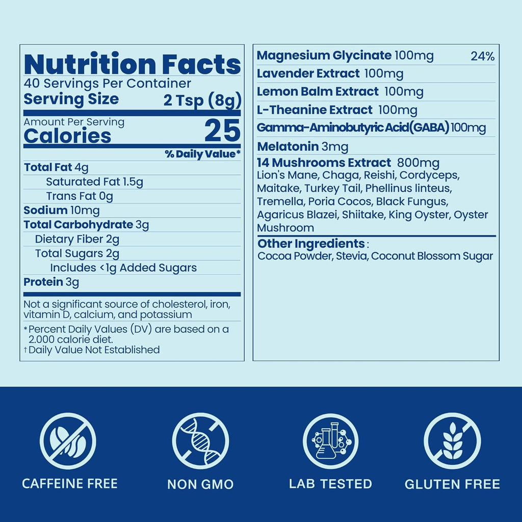 Mushroom Hot Cocoa for Sleep, 40 Servings, Mushroom Hot Chocolate Powder, 14 Mushroom Blend with Magnesium Glycinate, Melatonin, L-Theanine, GABA | Relaxation Calm Aid | Vegan, Keto-Friendly, Gluten-Free