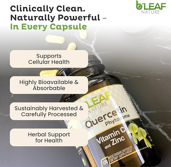 B'LEAF NATURE Quercetin Phytosome, 120 Capsules – 1000mg High Absorption Quercetin with Vitamin C and Zinc – Non-GMO Vegetarian Quercetin Supplement for Immune, Energy and Seasonal Support