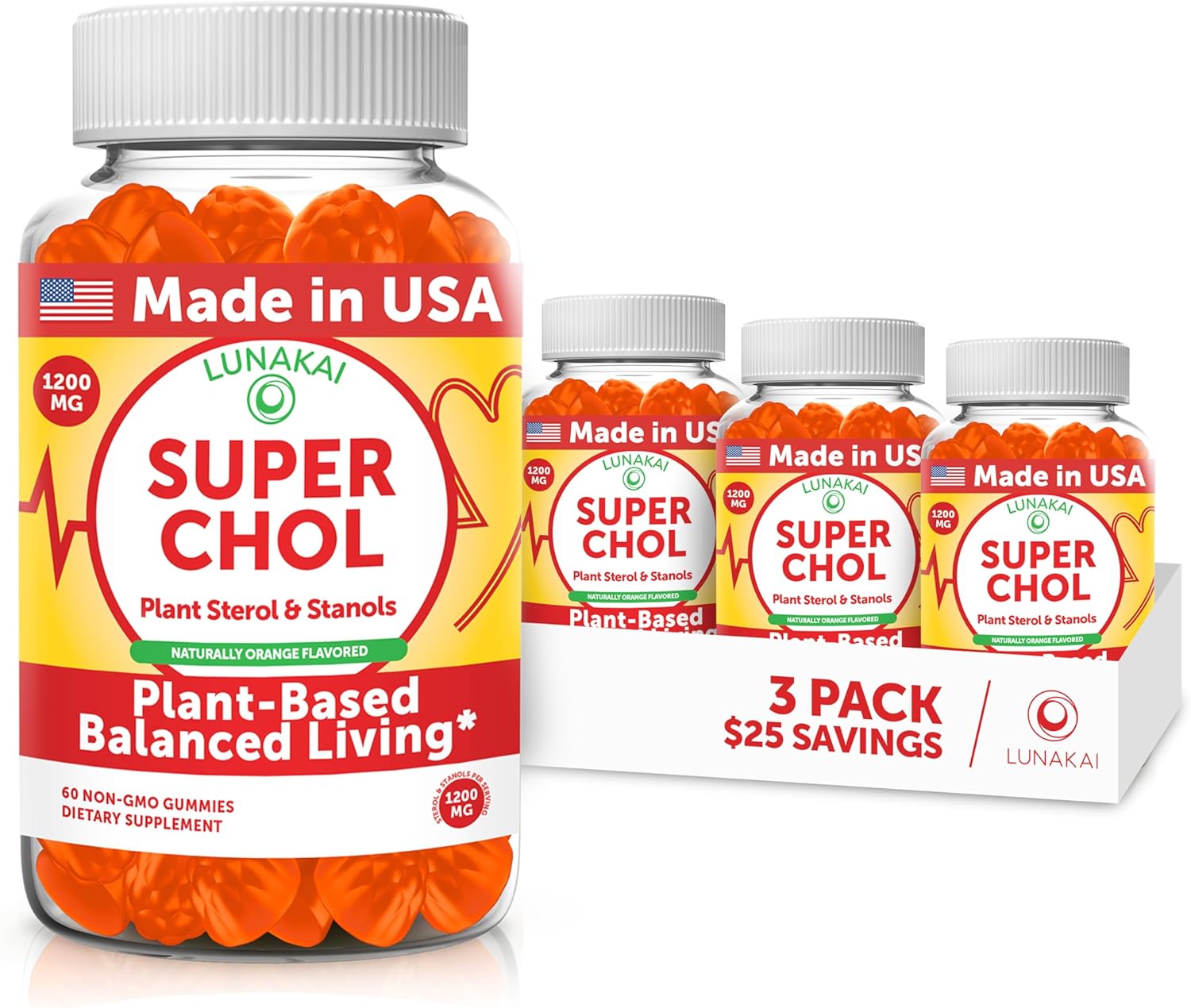 Lunakai USA Made Super Chol Gummies – 1200mg Plant Sterols & Stanols for Natural Cholesterol Support – Non-GMO Phytosterol Supplement, 3 Pack