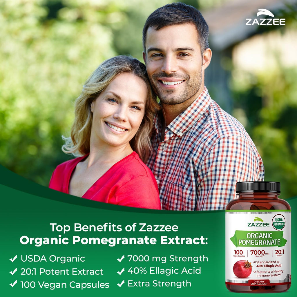 Zazzee USDA Organic Pomegranate 20:1 Extract, 7000 mg Strength, 40% Ellagic Acid, 100 Vegan Capsules, 3+ Month Supply, Standardized 20X Extract, Immune Support, All-Natural, Non-GMO, Made in The USA
