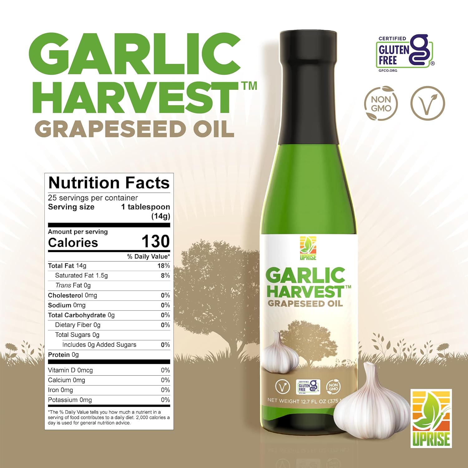 Garlic Harvest Grapeseed Oil – 12.7 oz Glass Bottle | Garlic Flavored Healthy Cooking Oil for Roasting, Vegetables, and Pasta | High Smoke Point | Non-GMO, Plant-Based, Gluten-Free, Organic