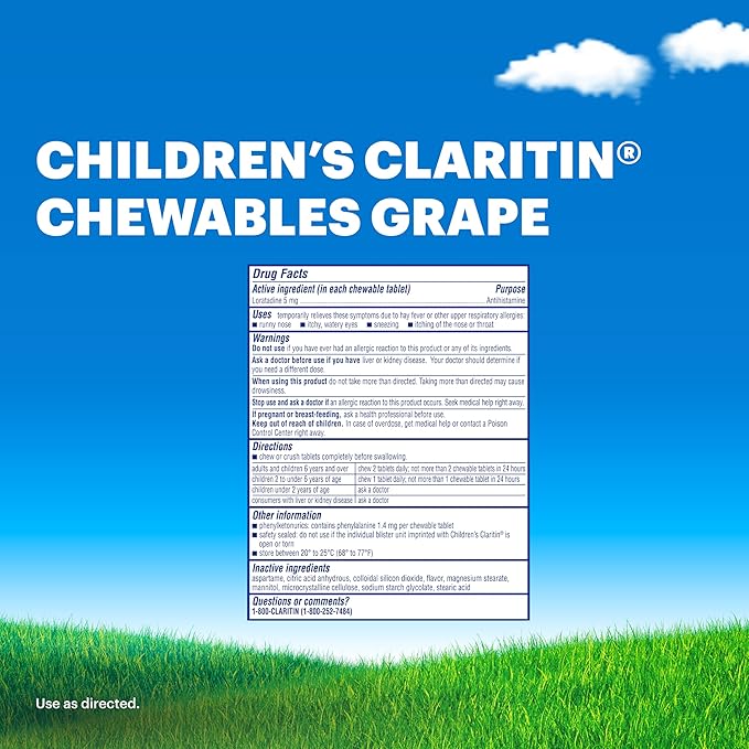 Claritin Children's Allergy Medicine, 24-Hour Non-Drowsy Loratadine 5mg Chewable Tablet, Antihistamine for Kids Ages 2 Years and Older, Grape Flavored, 40 Tablets