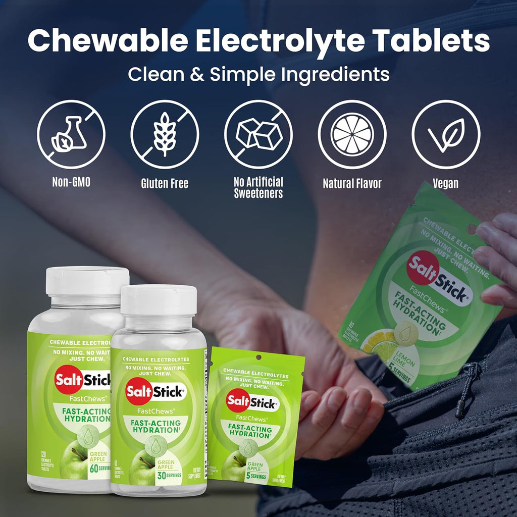SaltStick Electrolyte FastChews - 120 Green Apple Chewable Electrolytes - Salt Tablets for Running and Hydration, Electrolyte Chews - 120 Count