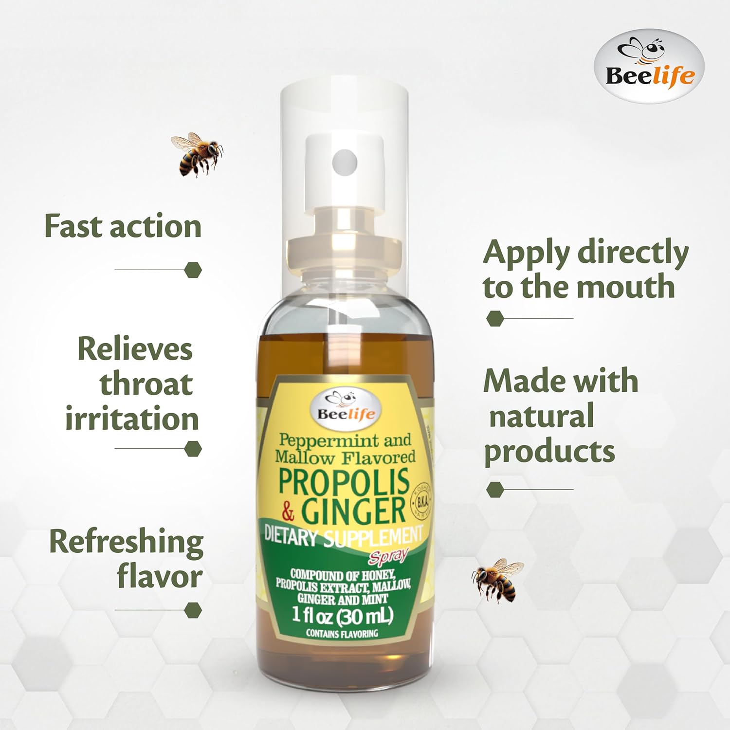 Beelife Propolis Throat Spray – Soothing Honey & Ginger Propolis - Natural Immune Support & Sore Throat Relief, Antioxidants, Rich in Flavonoids & Artepillin C, No Sugar, Gluten-Free - 1-Pack, 30ml