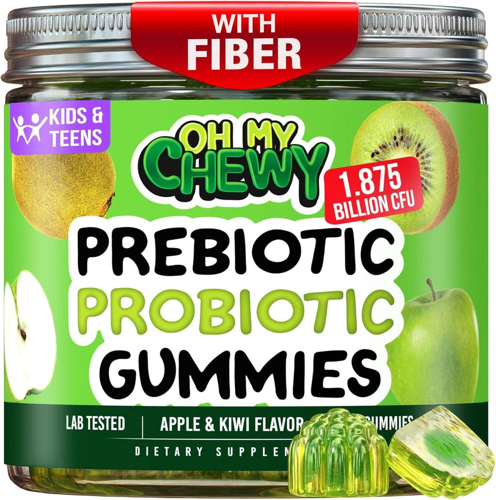 Center-Filled Kids Probiotic Gummies - with Prebiotic and Vegan Inulin Fiber for Digestive Support - Gut Health Supplement for 3+ Yo Children & Teens - Delicious Apple & Kiwi Flavor - 60 CT