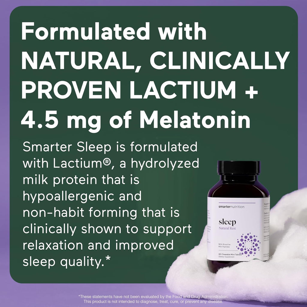SMARTERNUTRITION Smarter Sleep Melatonin Dissolvable Tablets 4.5 mg + Natural Clinically Proven Lactium® for Sleep & Stress Support - Mint Flavor Melatonin Tablets - Non-GMO-60 Count[30-Day Supply]