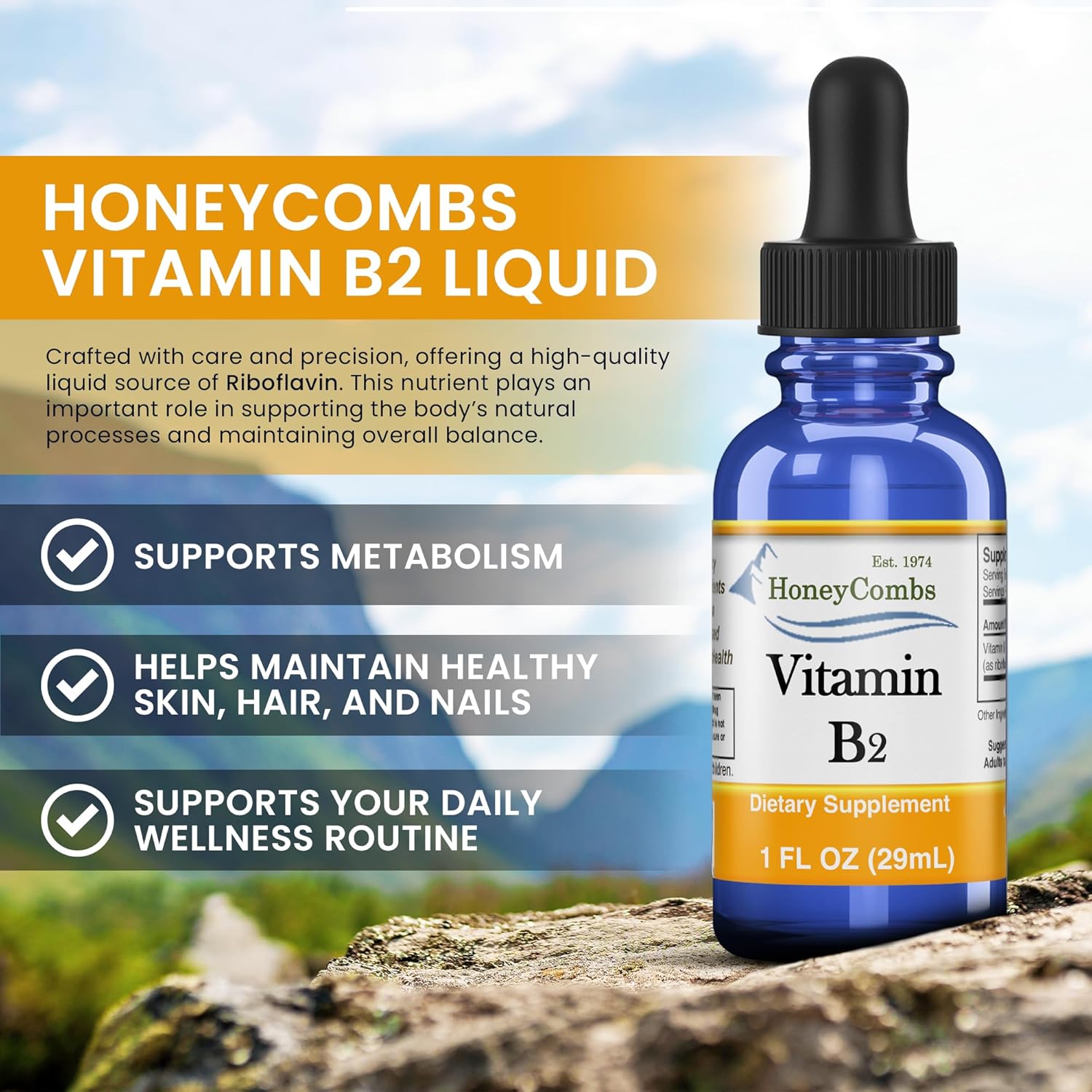 HoneyCombs Vitamin B2 Riboflavin Supplement Liquid Drops - High Potency Vitamin B2 for Men & Women - Maintain Healthy Digestion, Nervous System, Hair, Skin, Nails - Vegan Liquid Vitamins (1 Fl oz)