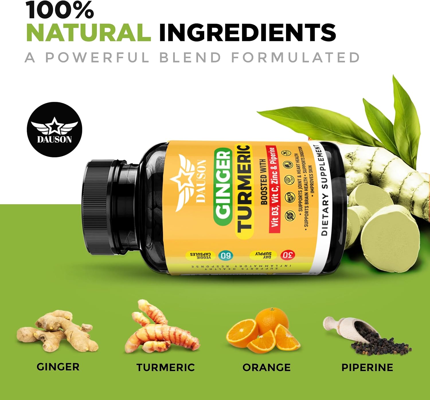 Ginger Turmeric Supplements – Boosted with Piperine, Vitamin D3, Vitamin C, Zinc & Orange | Joint, Gut & Skin Health Support | 60 Capsules | Ayurvedic