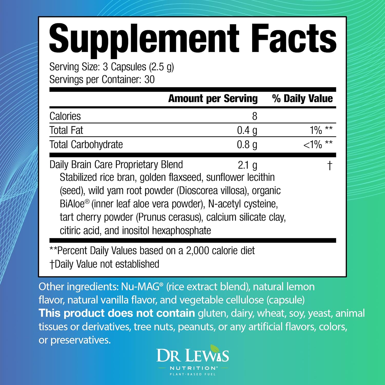 Brain Supplements for Memory and Focus – Dr Lewis Daily Brain Care Capsules with Aloe Vera – Plant-Based Nootropic and Energy Supplement for Brain Fog, Mental Clarity, and Immune Support – 90 Capsules