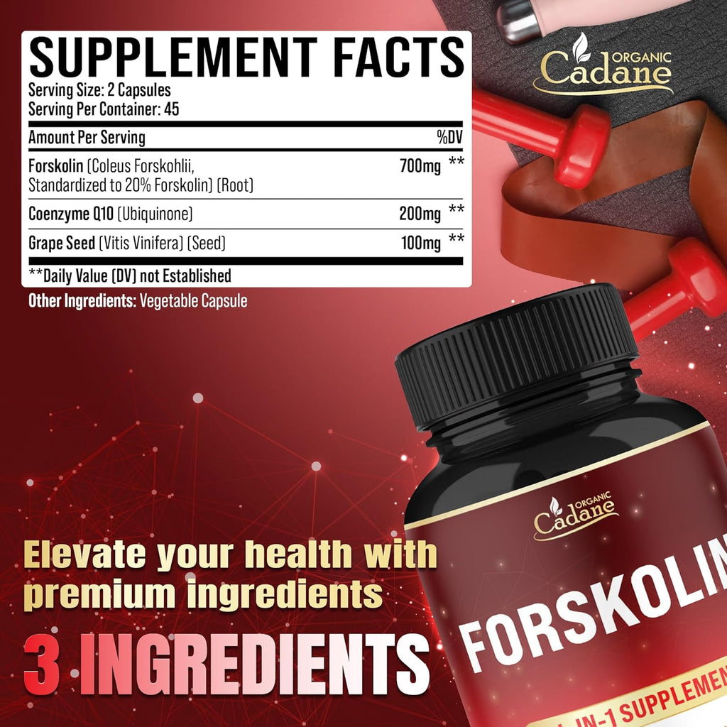 Organic Cadane Forskolin Supplement with Coenzyme Q10 & Grape Seed Extract | Supports Body Management & Energy | Vegan, Non-GMO – 90 Capsules – 45-Day Supply