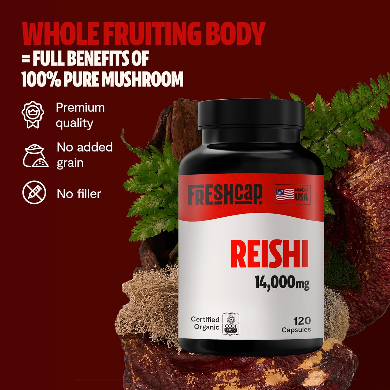 FreshCap Mushrooms Reishi Mushroom Supplement 14,000mg - Reishi Mushroom Capsules Extract, Supplements Herbal Supplements, Ayurveda Nootropic Red Reishi Supplement (120 Capsules)