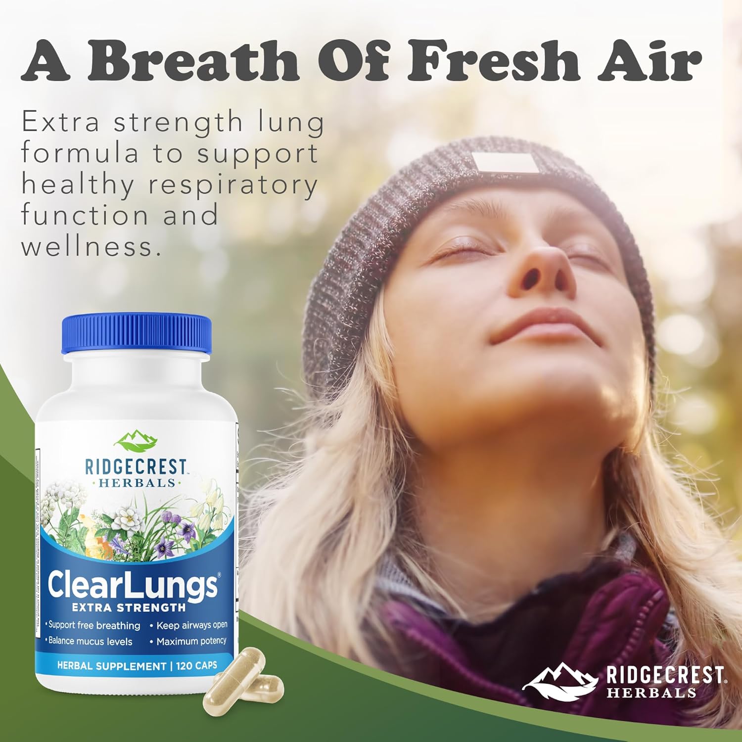 RidgeCrest Herbals ClearLungs Extra Strength, Natural Lung, Nasal Health Formula, Bronchial, Respiratory, Sinus, Mucus Support (120 Caps, 60 Serv)