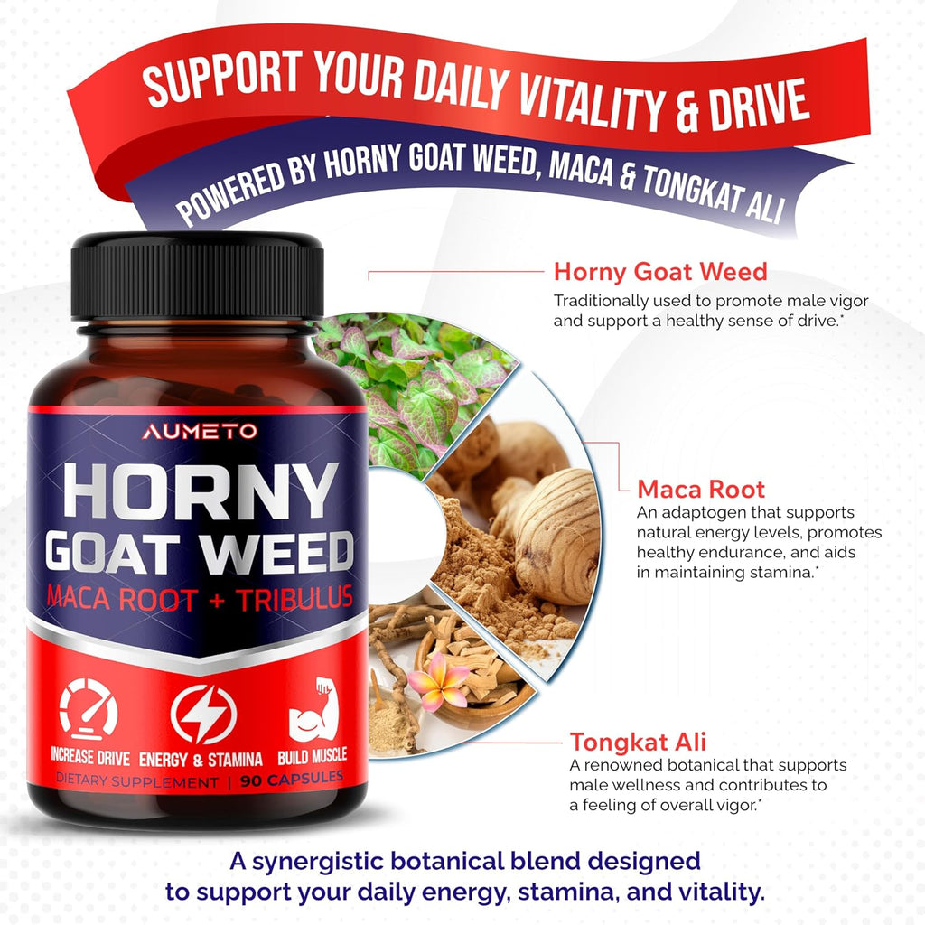 Horny Goat Weed Supplement with L-Arginine Tribulus Terrestris Maca Root Tongkat Ali - Male Energy, Strength and Memory Support (90 Count (Pack of 1))