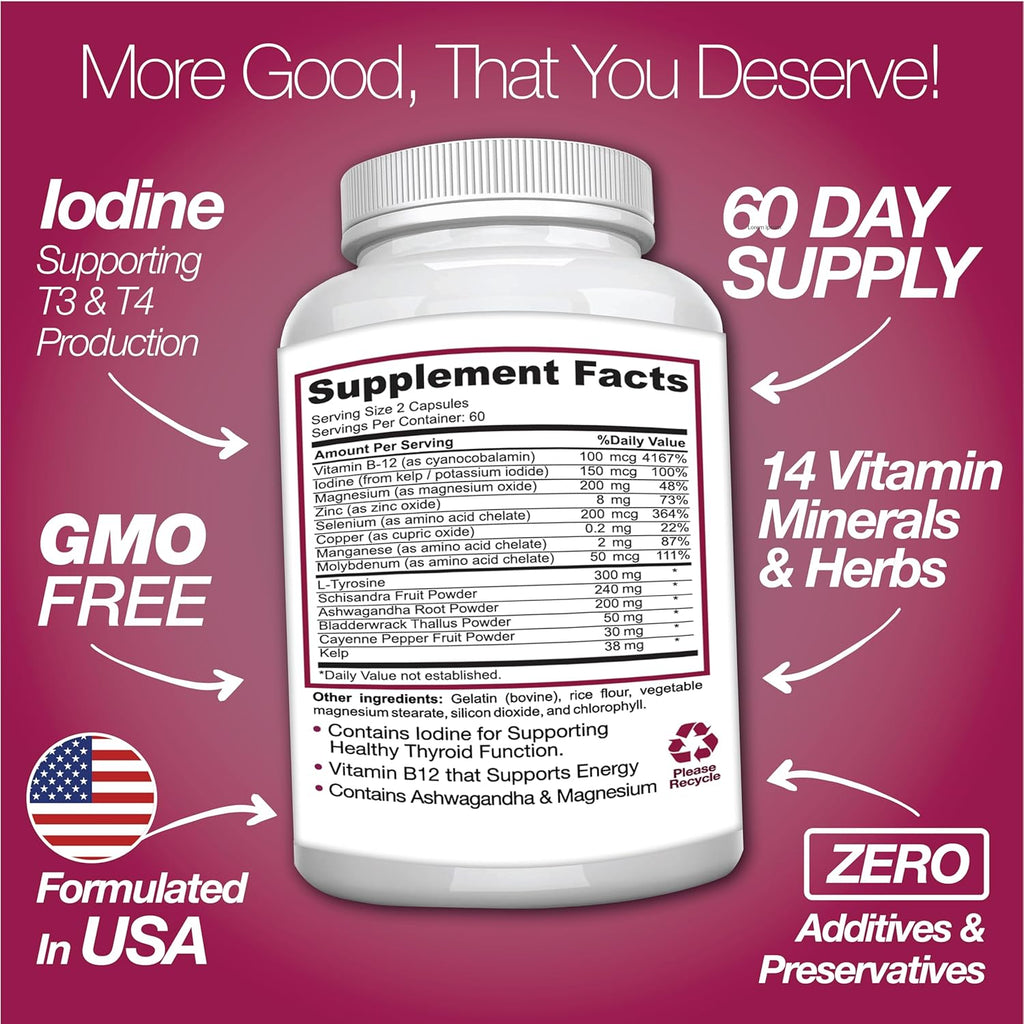 Thyroid Support Supplement with Iodine |120 Capsules to Help Body Mass & Improve Energy, Cardiovascular, Energy & Focus Formula | 14 Natural Vitamins