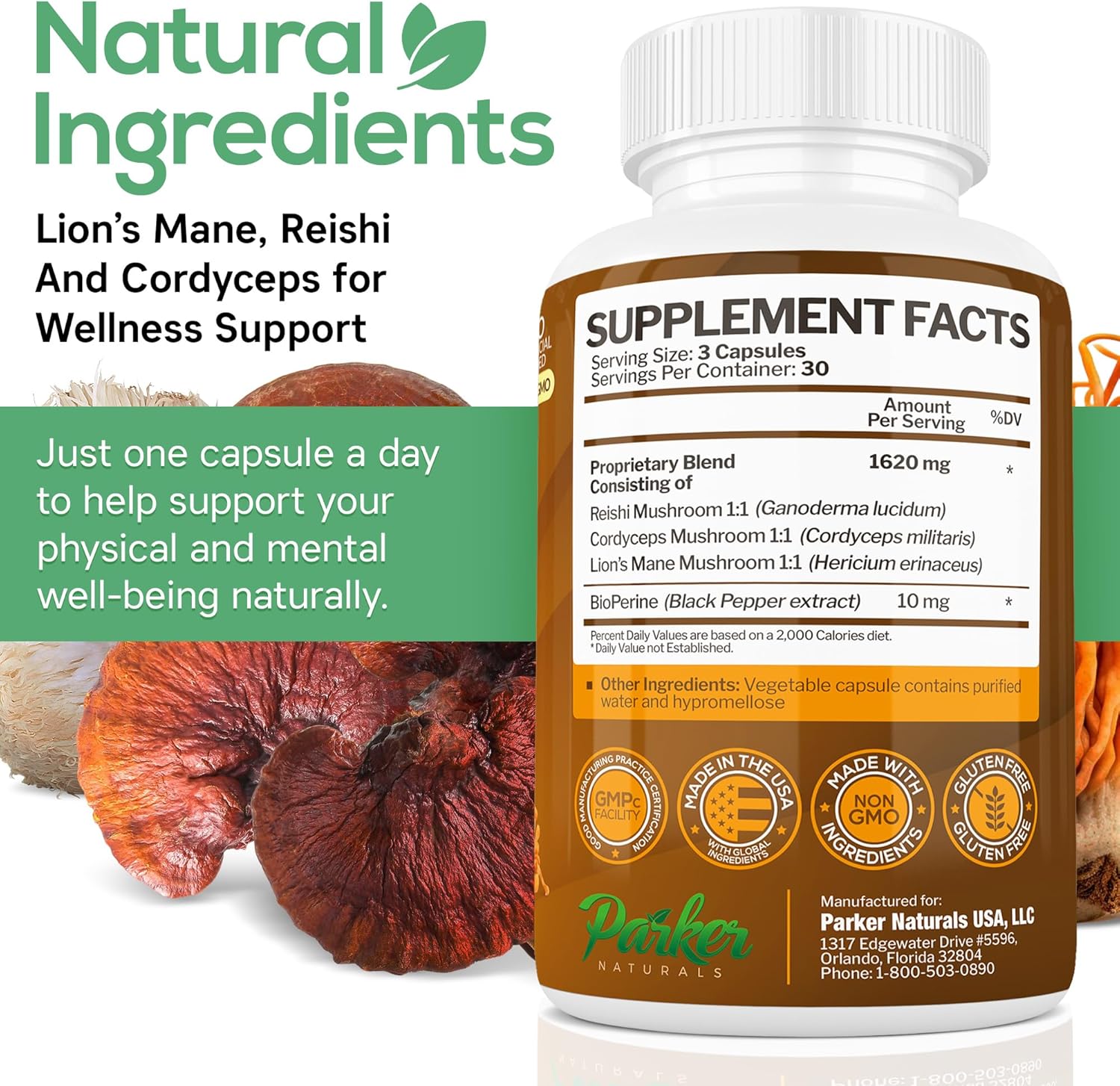 Mushroom Complex Capsules, Premium Lions Mane, Cordyceps, and Reishi Mushroom Supplement, Maximum Strength Organic Mushrooms Supplement, 90 Capsules