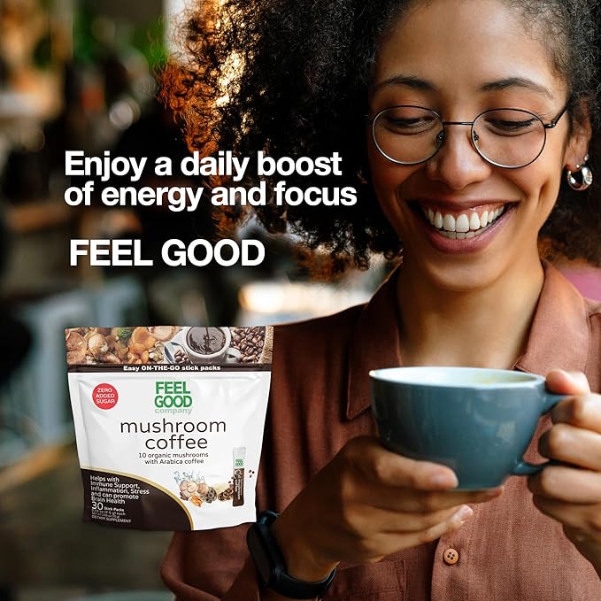 Feelgood Company Mushroom Coffee with 10 Organic Mushrooms and Arabica Coffee, 30 Stick Packs, Zero Added Sugar, Supports Immune Health and Brain Function