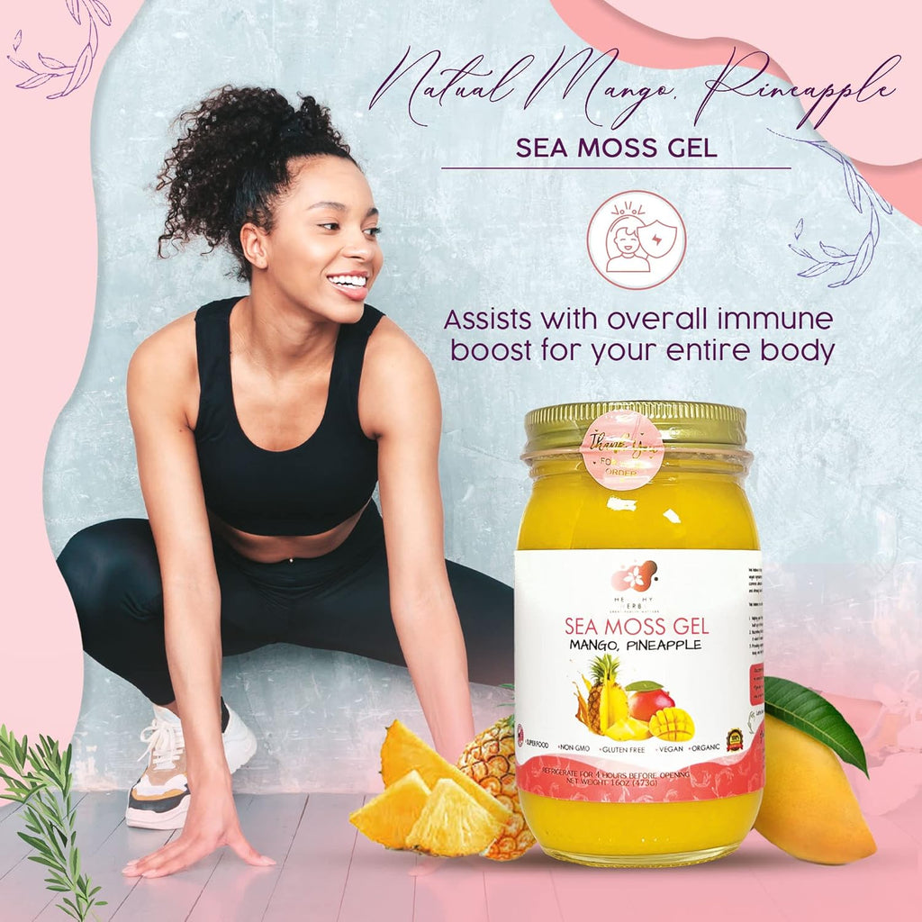 Healthy Herbs Sea Moss Gel (Sweet Mango Pineapple) Wildcrafted From Jamaican St Lucia Gold Seamoss | Wild-Harvested Superfood Rich In Essential Vitamins & Minerals | Vegan, Non-GMO, US-Made (16 oz.)