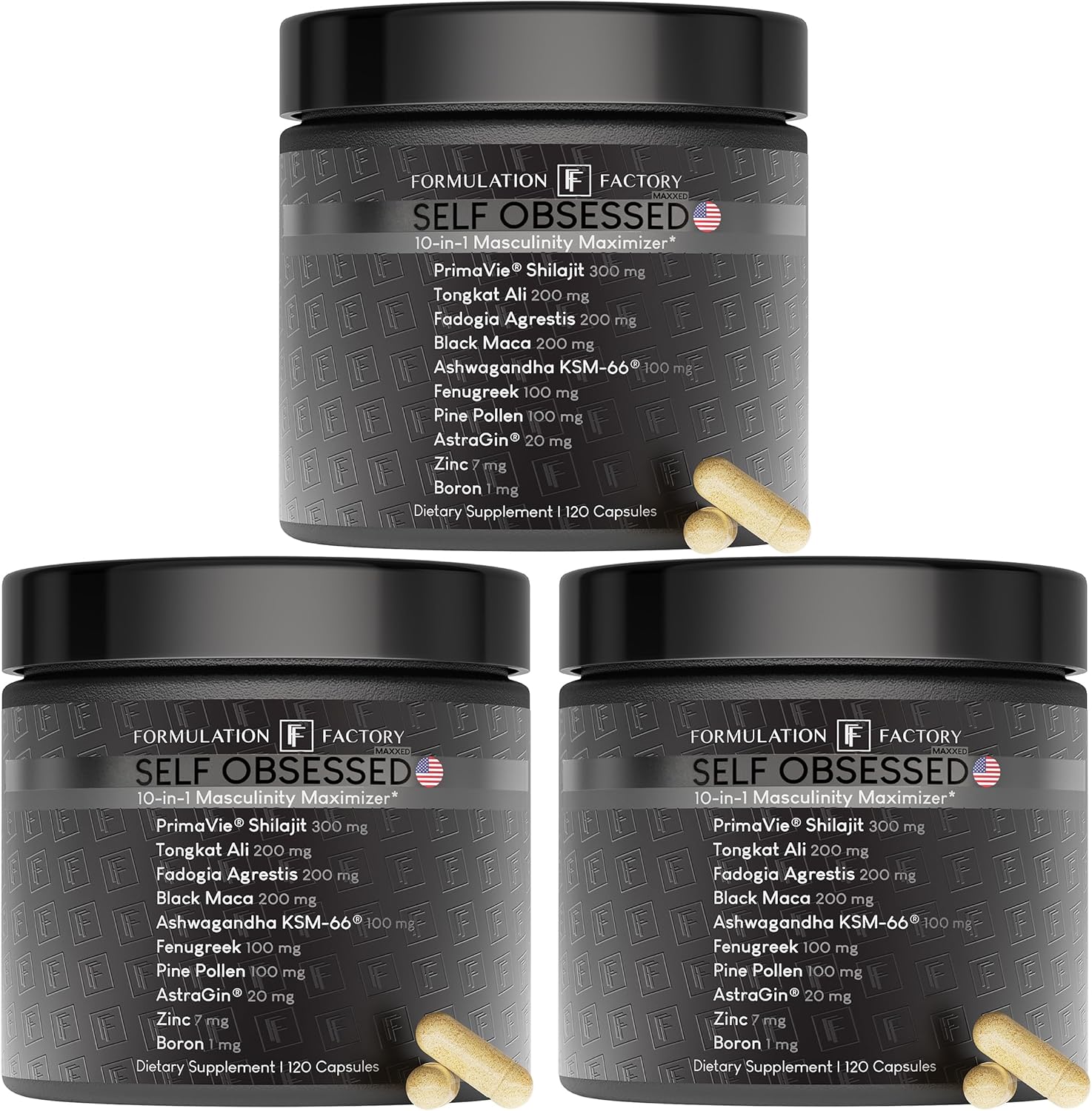Formulation Factory Self Obsessed MAXXED 10-in-1 Men’s Vitality Supplement with Shilajit, Tongkat Ali, Ashwagandha, Maca, Fadogia, Fenugreek, Zinc, Boron & AstraGin® – 6 Month (Pack of 3)