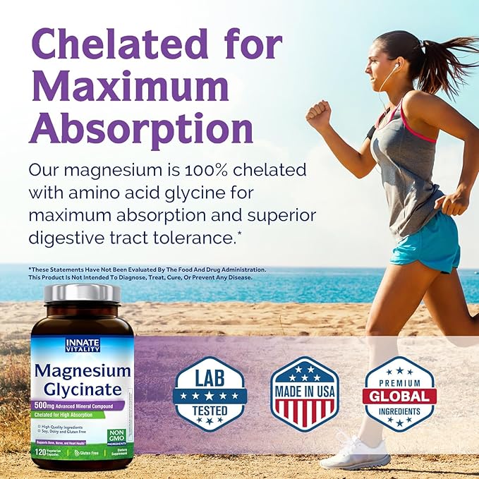 Innate Vitality Magnesium Glycinate 500mg | 70mg Elemental Magnesium Supplement - High Absorption, Non Buffered, Non-GMO & No Gluten - Vegan - Nerve Health - 120 Capsules (Pack of 1)