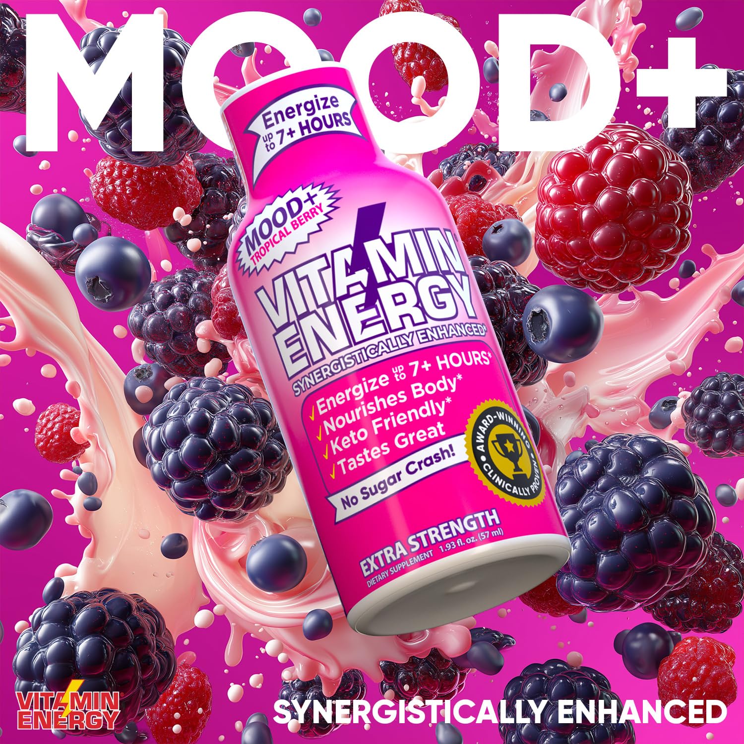 Vitamin Energy Mood+ Extra Strength Energy Shot Tropical Berry 12 Pack, 260mg Natural Caffeine, B-Vitamins, Rhodiola, Chamomile, Mood & Energy Support, Zero Sugar, Gluten-Free, Vegan, 1.93 fl oz