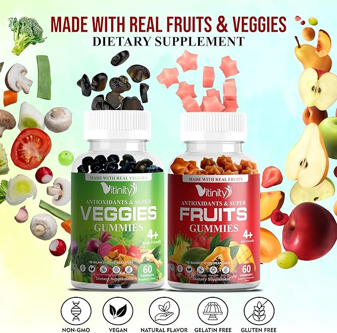 VITINITY Made with Real Fruit-Real Veggie Gummies-Superfood Vegetable Vitamin Supplement for Women,Men,Kids-Blend of Fruit and Greens for Daily Health.Fruits and Vegetables Supplements (30-Day Supply)