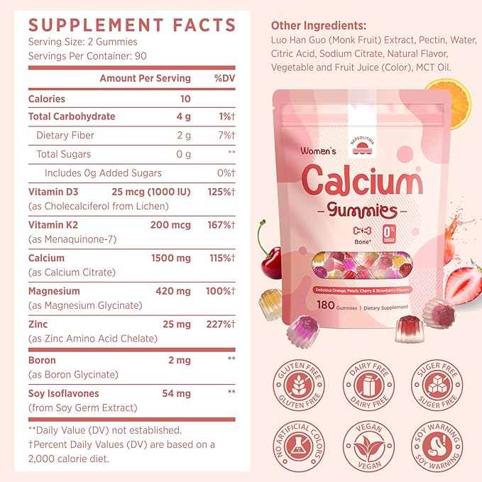 Calcium Gummies for Women – 1500mg Calcium Citrate with Vitamin D3, K2, Magnesium, Zinc, Boron & Soy Isoflavones – Calcium Supplement, Vegan, Zero Sugar, Mixed Fruit Flavors, 180 Count