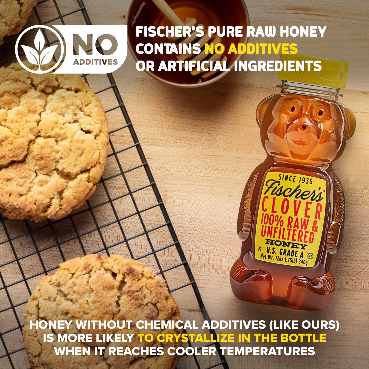 Fischer's Clover Honey, 12 Oz – 100% Pure, Raw & Unfiltered Honey – Squeezable Bear Bottle – Gluten-Free, Non-GMO – All-Natural Sweetener