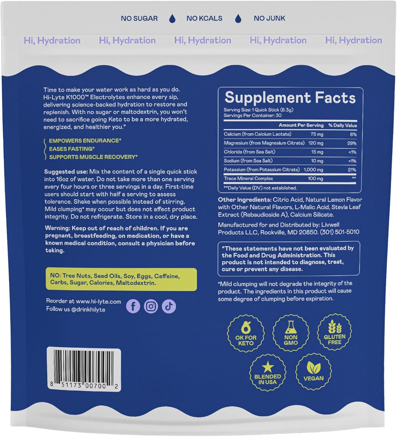 Hi-Lyte K1000 Electrolytes Sticks Lemonade Keto & Performance, 30 Servings